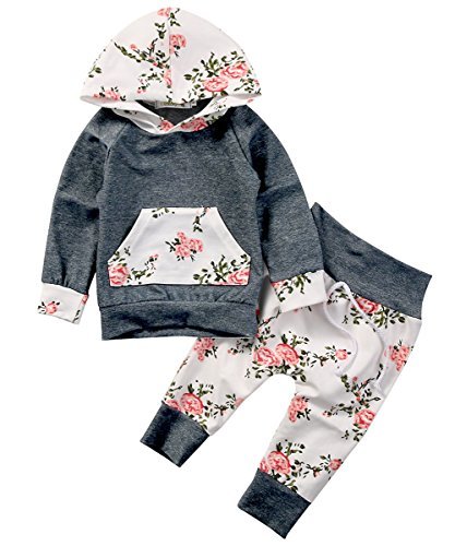 Baby Girls Long Sleeve Flowers Hoodie Top and Pants Outfit with Kangaroo Pocket (90(12-18M), Grey)