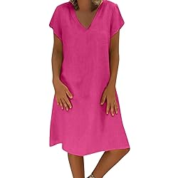 Women's Summer Cotton Linen Dress Loose V-Neck