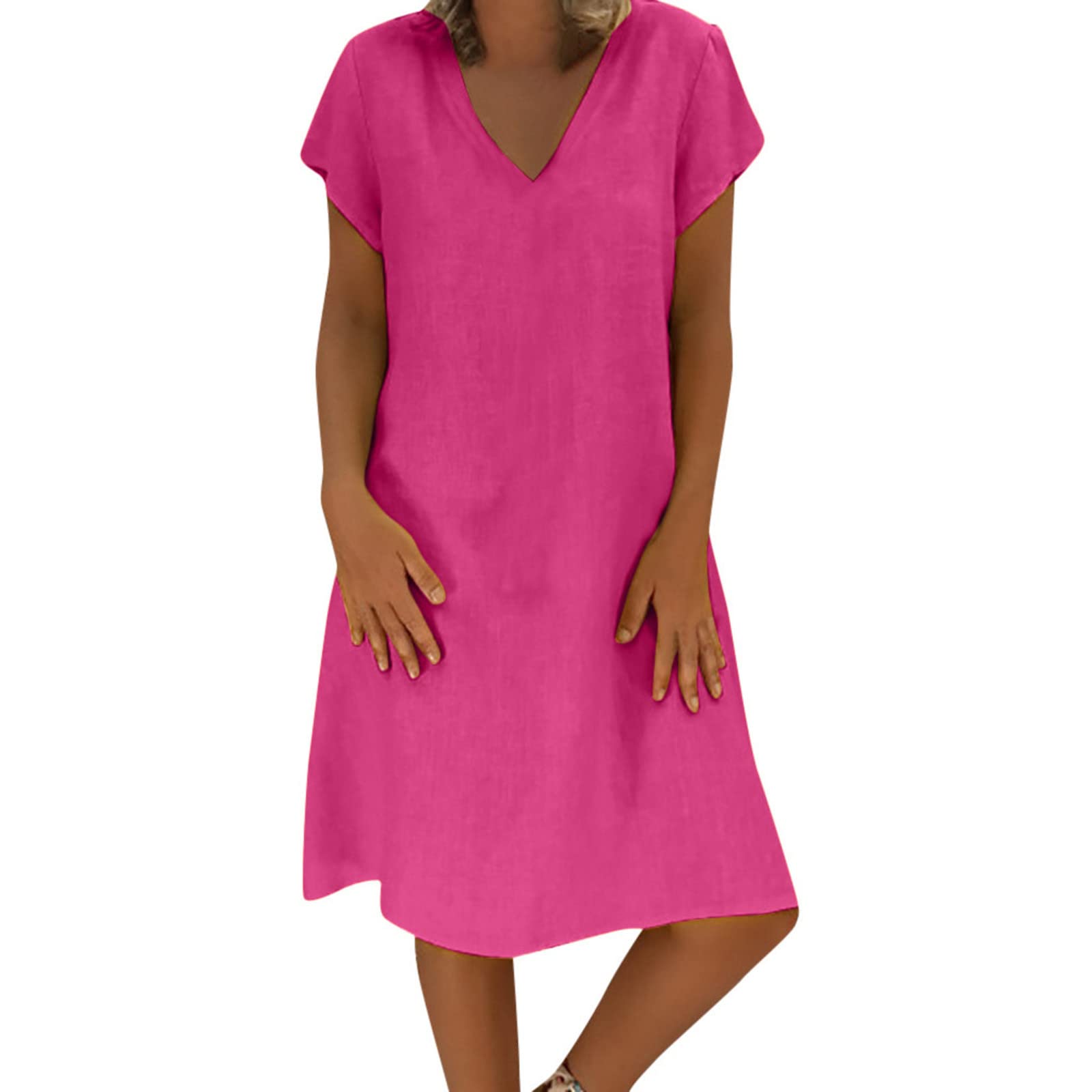 Women's Summer Cotton Linen Dress Loose V-Neck