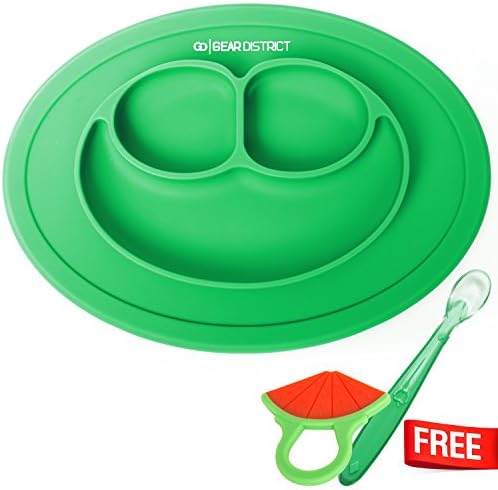 Baby Silicone Placemat, Non-toxic, Hypo-allergenic, Table Suction, FDA Approved, BPA-free, Dishwasher safe with Silicone Spoon and Teething Toy (Green)