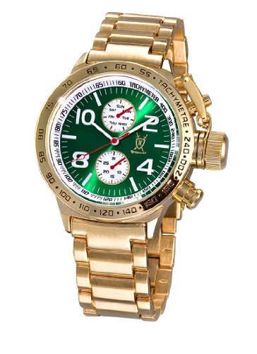 Konigswerk Mens Gold Tone Wrist Watch Metal Band Green Dial Large Face Multifunction Day Date AQ101100G