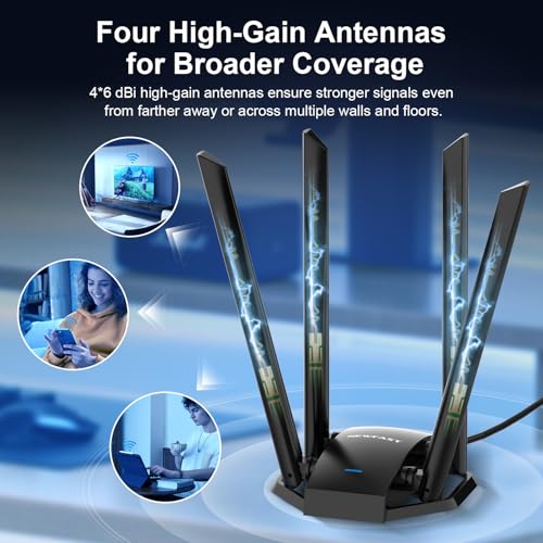 NEWFAST 1300Mbps USB WiFi Adapter for Laptop/PC Dual Band WiFi Dongle for Win 11/10/8/8.1/7, 4x 6dBi High Gain Antennas, Wireless Network USB3.0 Wireless Adapter, 802.11ac/b/g/n