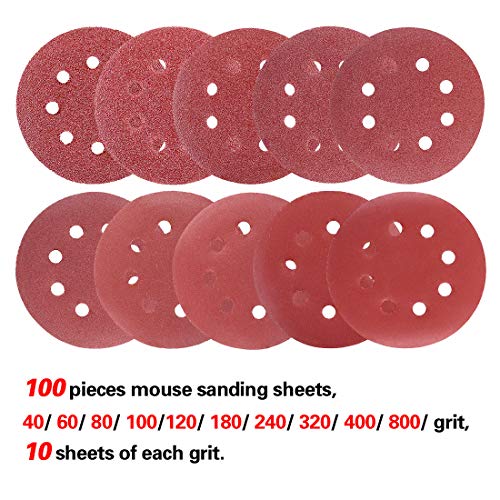 Glarks 100Pcs Sanding Disc Assortment, 5 Inch 8 Hole Dustless Hook and