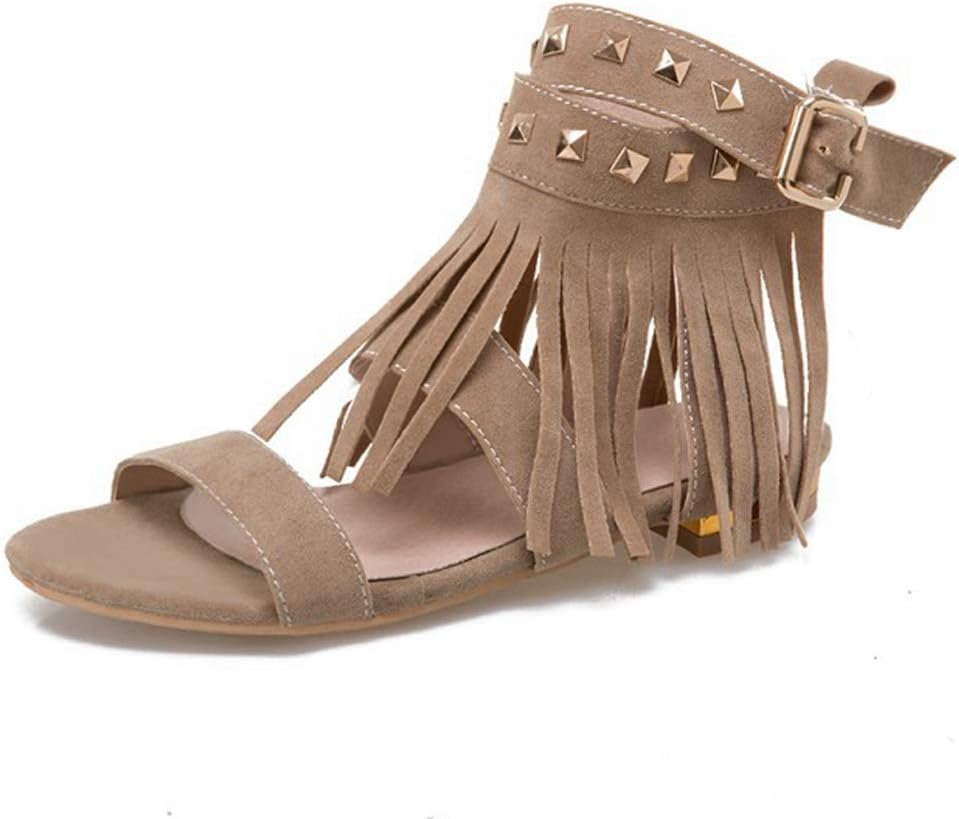 CYBLING Womens Suede Tassels Flat Sandals Open Toe Fringe Shoes