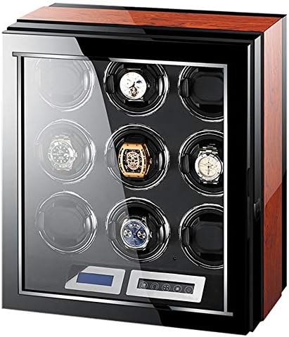 Automatic Watch Winder with 9 Quiet Mabuchi Motors, with LCD Touch Control Screen and Display Screen, High Gloss Black and Camphor Wooden Box