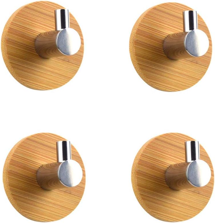 BQTime Adhesive Hooks, Super Power Heavy Duty Wall Mount Hooks, Bamboo Hanger Holder Towel, Robe, Coat, Cloth, Hat, Keys, Bags, Home, Kitchen, Bathroom (Set of 4) …