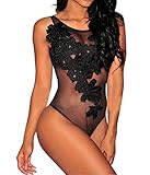 Tiksawon Women Sexy Floral Sheer Lace Sleeveless Bodysuit Clubwear
