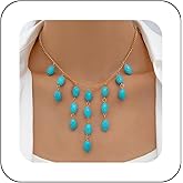 Andelaisi Boho Turquoise Pendant Necklace Vintage Oval Blue Gem Tassel Chain Adjustable Gemstone Choker Jewelry for Women