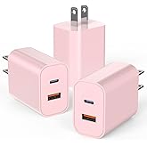 USB C Charger Block, iPhone 16/15 Charger Block [3 Pack] 20W Dual Port QC+PD 3.0 Power Adapter Multiport USB A Fast Charging Plug for Apple iPhone 16/16 Pro/16 Pro Max/16 Plus/15/14/13/12/11/iPad-Pink