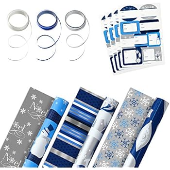 Hallmark Reversible Holiday Wrapping Paper Set (3 Rolls of Wrapping Paper with Ribbon and Gift Tag Stickers) Blue and Silver Snowmen, Stripes, Reindeer, Noel