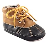 Luvable Friends Boys' Duck Boot Crib Shoe, Tan/Navy, 6-12 Months M US Infant
