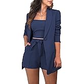 3 Piece Blazer Sets for Women Open Front Button Blazer + Crop Tops + Shorts Bottoms with Belt Business Suit Sets