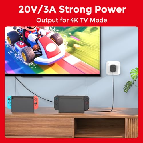 60W Charger for Switch 2, Fast Charger with 1.5M/5FT USB C Cable, Compatible with Nintendo Switch/OLED/Lite/Dock/Pro Controller/Deck - Support 4K TV Mode