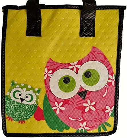 HAWAIIAN OWL TOTE BAG REUSABLE GIFT BAGS HAWAII LUAU PARTY GIFT SMALL 9X8X5.75 BABY SHOWER INSULATED LUNCH NON WOVEN YELLOW GREEN PINK HAPPY PUEO