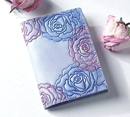 Handmade Leather Passport Cover Holder Case For Women - Personalized Passport Cover - Pink Blue Roses - Hand Painted Tooled Leather Passport cover