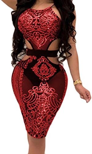 YUNY Women's Hollow Out See-Through Sequin Patched Package Hip Dress Pattern2 S