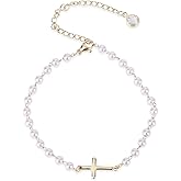 Mikovivi Pearl Cross Ankle Bracelet for Women, Adjustable Boho Beaded Anklets Waterproof Summer Beach Foot Jewelry Gift