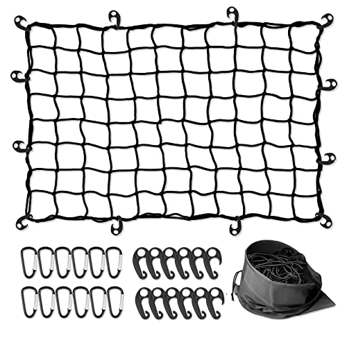 Cargo Net For Pickup Truck Bed 3'x4' Stretches To 6'x8' Heavy Duty Truck Bed Cargo Net 12 Tangle-Free Clip Carabiners And 1 Storage Bag Small 4" X 4" Mesh Universal Car Organizer