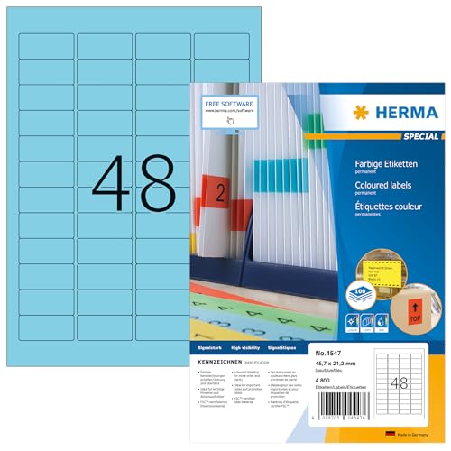 HERMA Self Adhesive Coloured Labels, 48 Labels per A4 Sheet, 100 Sheets, 45.7 x 21.2 mm, 4800 Labels, Blank Colour Labels Stickers, Sticky Labels for Laser & Inkjet Printer, Blue