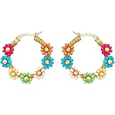 Colorful Rice Beads Flower Hoop Earrings for Women Handmade Beaded Boho Gold Circle Earrings Jewelry Resin Floral Hoop Earring Gift