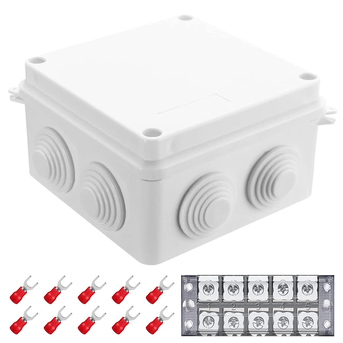 Youmile ABS Plastic Waterproof Dustproof Junction Box 100 x 100 x 70 mm (3.9 x 3.9 x 2.8 inch) IP55 Electronic Project Enclosure Box for Outdoor with 5P Terminal Block, 10 Pcs Fork Connector