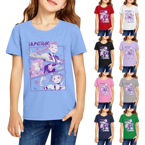 Demon Hunters Shirt for Girls, Girls T Shirts Short Sleeve Crewneck Tops Summer Cute Graphic T Shirt,100,Blue