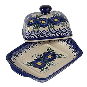 Traditional Polish Pottery, Handcrafted Ceramic Butter Dish with Lid, Boleslawiec Style Pattern, B.101.PANSY