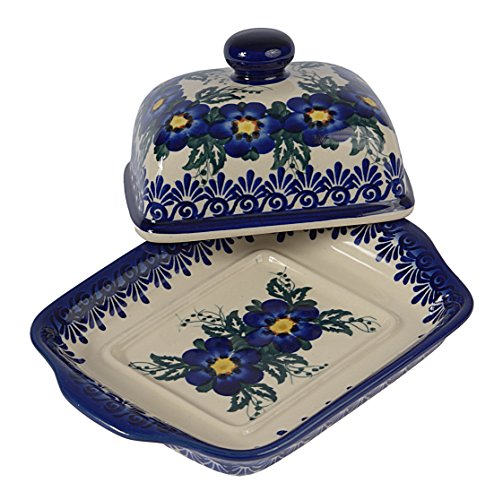 Traditional Polish Pottery, Handcrafted Ceramic Butter Dish with Lid, Boleslawiec Style Pattern, B.101.PANSY