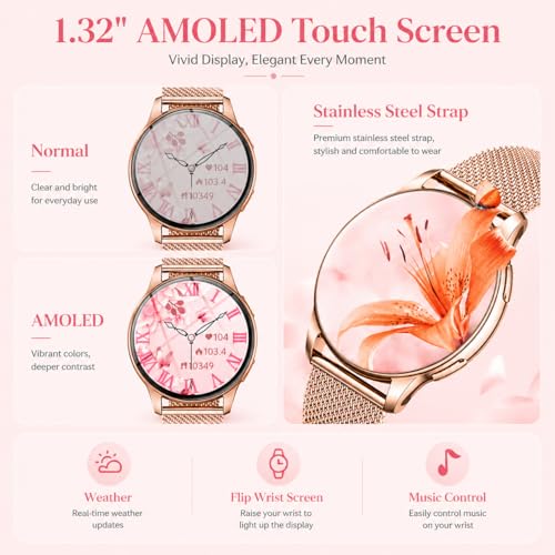 Women's Smart Watch with Bluetooth Call: 1.32" AMOLED HD Round Smartwatch IP68 Waterproof Activity Fitness Bracelet with Blood Pressure Monitor Sleep SpO2 with 120+ Sports for Android iOS