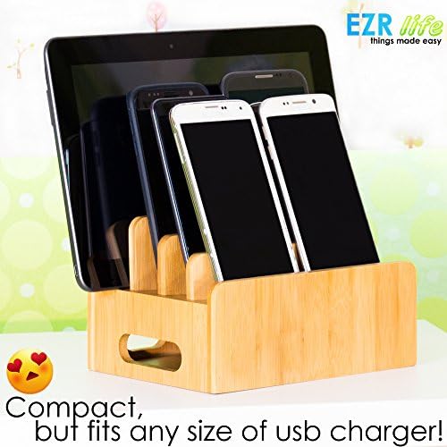 Bamboo Charging Station Organizer for Multiple Devices Electronics Cell Phones Tablets USB charger - Wooden, Real Bamboo, Eco-friendly