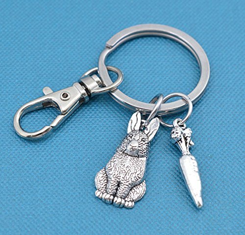 Bunny rabbit and carrot on stainless steel key ring and snap hook. Rabbit gifts. Rabbit keychain.