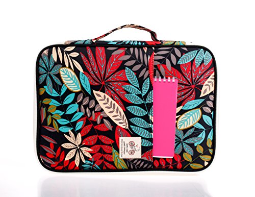 Lazyaunti Zipper Portfolio Organizer A4 Note Pouch-Waterproof Document Bags/Zipper Binder/Paper Case for 12.5" Mac,Tablet,Pens,washi Tape,Journals,Sketch Books (Black Red Leaf) - Thumbnail 2