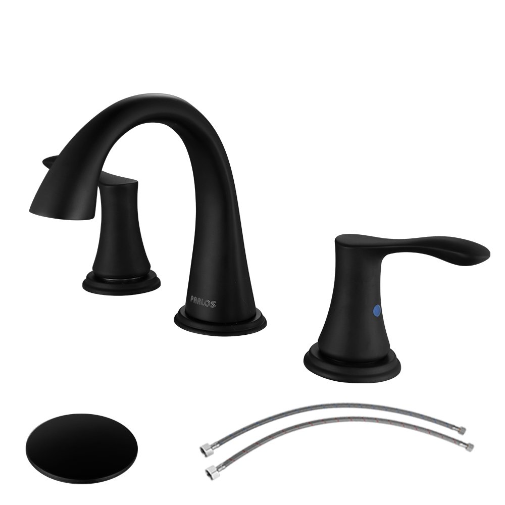 PARLOS Widespread 2 Handles Bathroom Faucet with Pop Up Sink Drain and cUPC Faucet Supply Lines, Matte Black, Demeter 14135