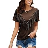 PESION Women's Fringe Trim Shirts Short Sleeve Tassel Trim Blouse T-Shirt Tops