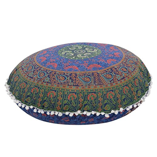 KMG Kimloog Round Pillow Cover, Decorative Mandala Pillow Sham, Indian Bohemian Ottoman Poufs, Outdoor Cushion Cover, Pom Pom (B) - Thumbnail 4