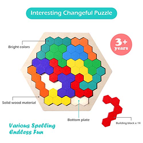 Wooden Puzzles Brain Teasers Toy for Kids Adults, 16 Pcs Colorful Hexagon Fun Geometry Logic Tangrams Puzzle Table IQ Game Montessori Educational Toys for Children (Color May Vary) - Thumbnail 2