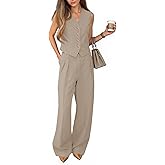 Cicy Bell Women's 2 Piece Outfits V Neck Pants Sets Crop Vest Blazer and Wide Leg Suit