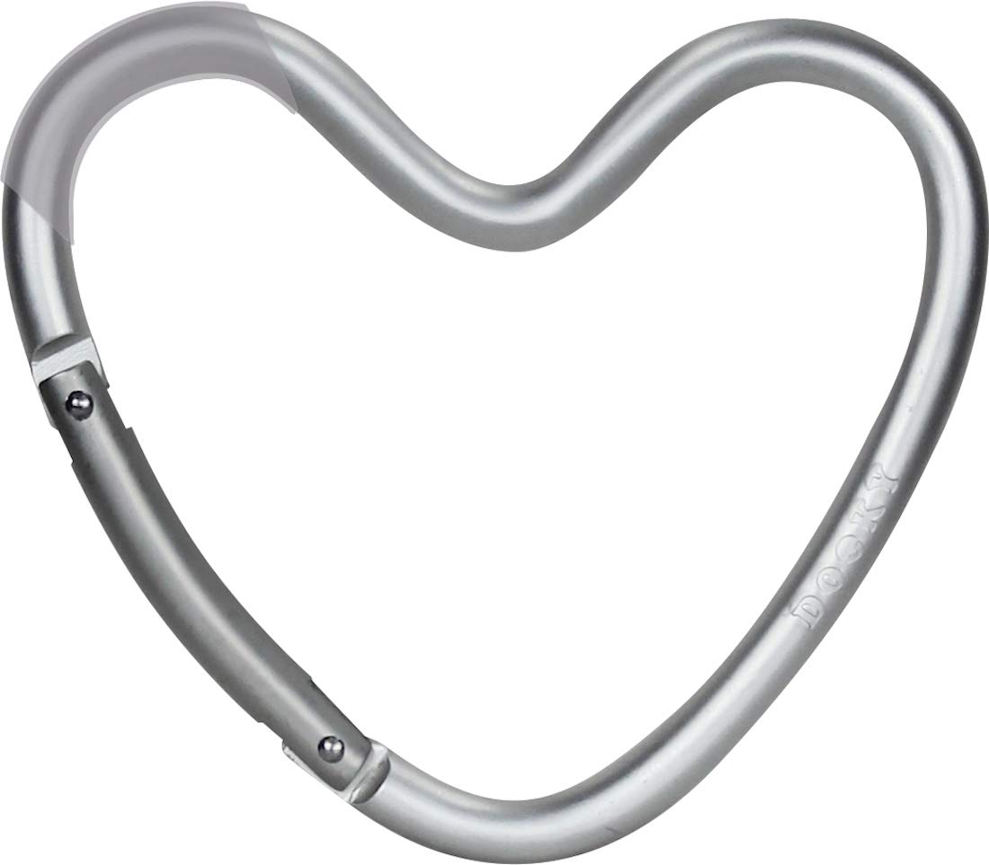 Dooky Heart Hook, Clip or Carabiner for Pram/ Stroller/ Pushchair, Can Carry Up to 5 kg, Universal Fit, Super Strong, Durable Aluminium, Non-Slip due to Transparent Silicone Sleeve, 14 x 12 cm, Silver