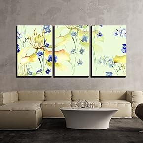 3 Piece Canvas Wall Art - Illustration - Seamless Pattern with Original Flowers, Watercolor Illustration - Modern Home Art Stretched and Framed Ready to Hang - 16"x24"x3 Panels