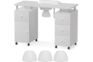 ABTSalon Nail Desk for Nail Tech Electric Downdraft Vent Nail Tech Table Acetone Resistant Nail Table with Fan Lockable Wheels and Drawers (Electric White)