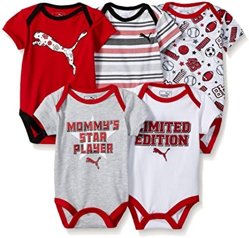 PUMA Baby Boys Five Pack Bodysuit Set, Fierce Red, 3-6 Months