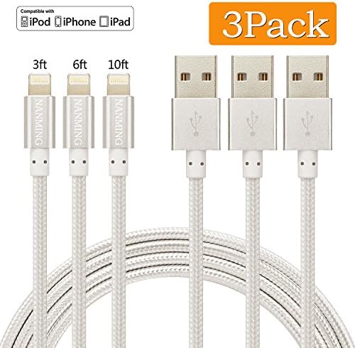 iPhone Charger, NANMING Certified Lightning Cable with AAA iPhone Cord, 3pcs 3/6/10 Feet Nylon Braided USB iPhone Charger Cable Syncing Data Cable for iPhone X/8/8 Plus/7/7 Plus/6/6S/5 (Silver White)