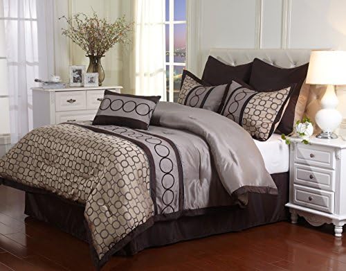 Nanshing America Griffin 7 Piece Bedding Set, Full, Taupe/Chocolate/Mineral Blue