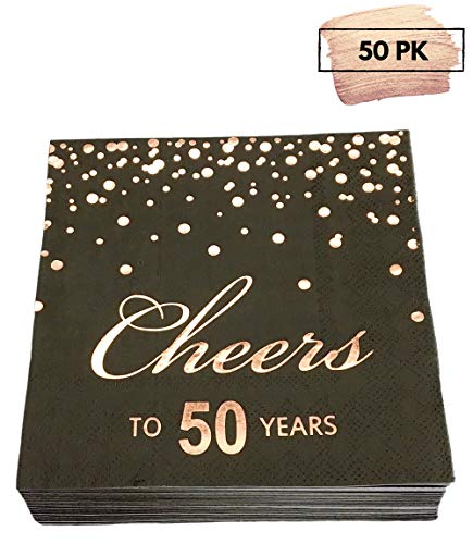 Rose Gold Foil Cocktail Napkins with Cheer 50 Years | Folded 5 x 5 Inches Disposable Party Napkins | 3-Ply Paper Beverage Napkins for 50th Birthday Decorations, Wedding Anniversary, Retirement, Black