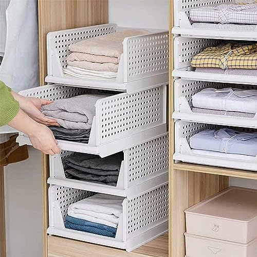 Fohome Stackable Clothes Plastic Storage Basket,4 Pack Foldable Closet Organizer Shelf Cloth Holder,Drawer Shelf Storage Container for Wardrobe Cupboard Kitchen Bathroom Office (4 Pack)