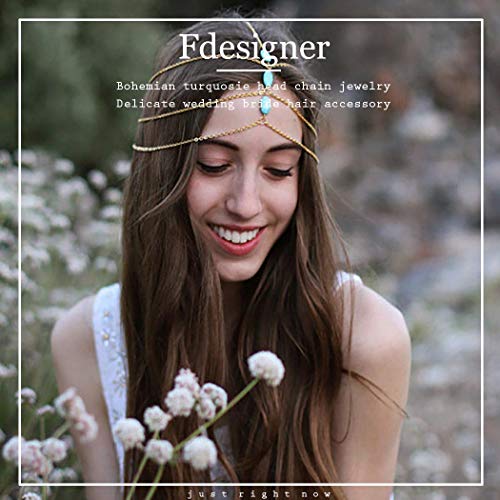 Fdesigner Boho Turquoise Head Chain Fashion Headdress Bride Head Piece Hair Jewelry for Women and Girls(Gold)