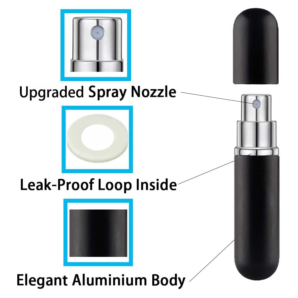 Travel Refillable Perfume Atomisers, 5ML, 3 Pcs Mini Portable Spray Bottles, Round Tube Set With 1 Flat Separated Tool, for Home Business Trip (Black+Blue+Champagne)(4pcs)