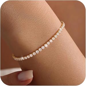 Tewiky Tennis Bracelet 14K Gold/Silver Plated 3mm Cubic Zirconia Bracelets | Tennis Bracelets for Women, Dainty Gold Bracelet