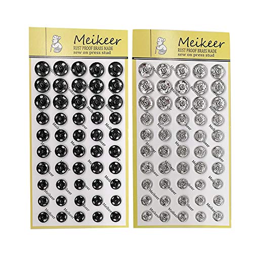 Meikeer 100 Sets Sew-on Snap Buttons Brass Snap Fastener Buttons Press Button Sew on Press Studs for Sewing Clothing Silvery and Black(8.5mm,10mm,12mm)