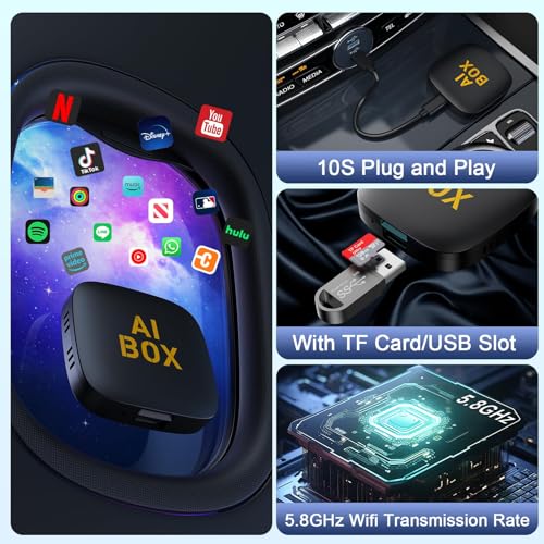 4-in-1 Wireless CarPlay Adapter Support Netflix/YouTube/TF Card, Android Auto & Carplay Adapter with USB-A and USB-C Cables,Convert Wired to Wireless Apple Dongle, Video Box Car Play for iOS 10+